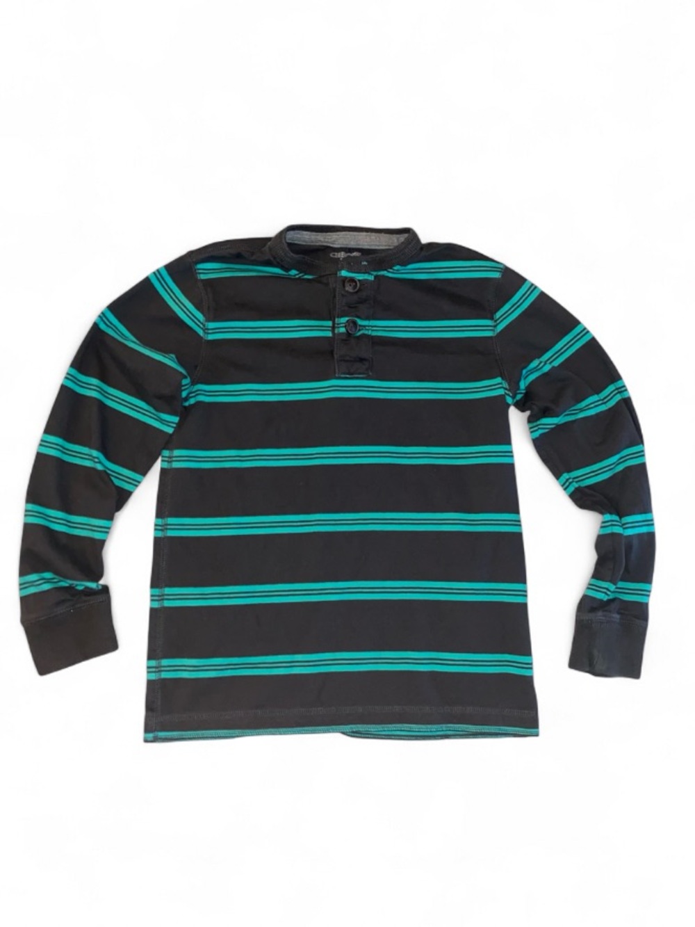 Cherokee Gray Long-Sleeve Henley with Teal Stripes